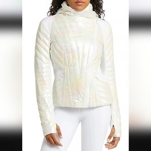NWT Blanc Noir Womens Ivory Long Sleeve Full-Zip Holographic Puffer Jacket Sz M